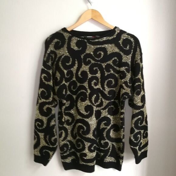 𝅺VINTAGE French Y2K 80s Black & Gold Arabesque Knitted Scoop Neck Sweater Large - Picture 2 of 13